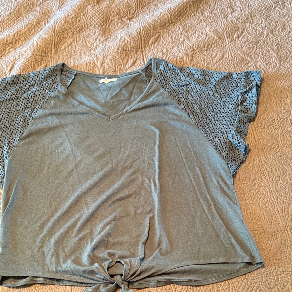 Maurices Dark Green V-Neck Blouse with Lace Detail